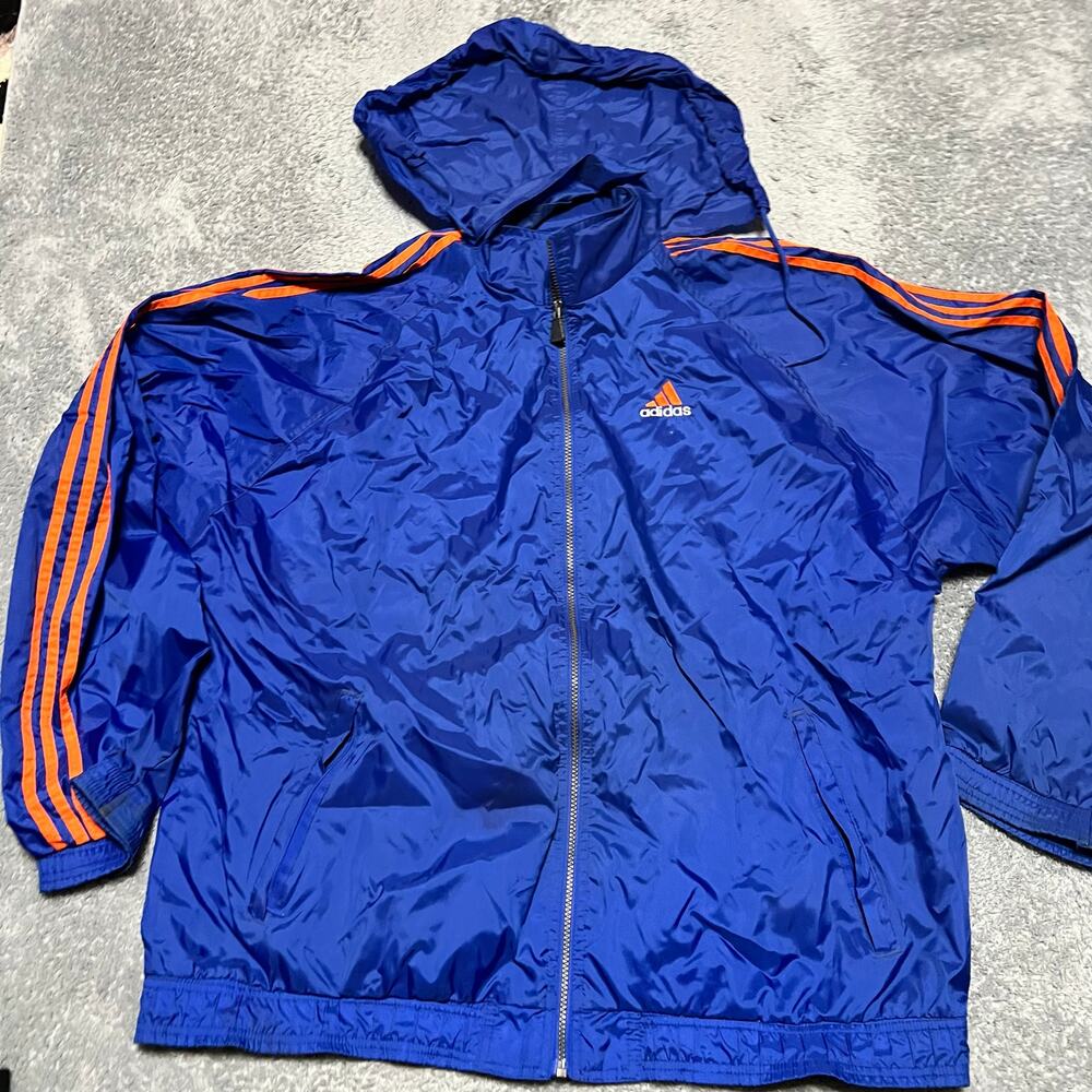 Adidas Windbreaker Jacket Mens XXL Vintage Blue Orange Stripe Vented Hooded